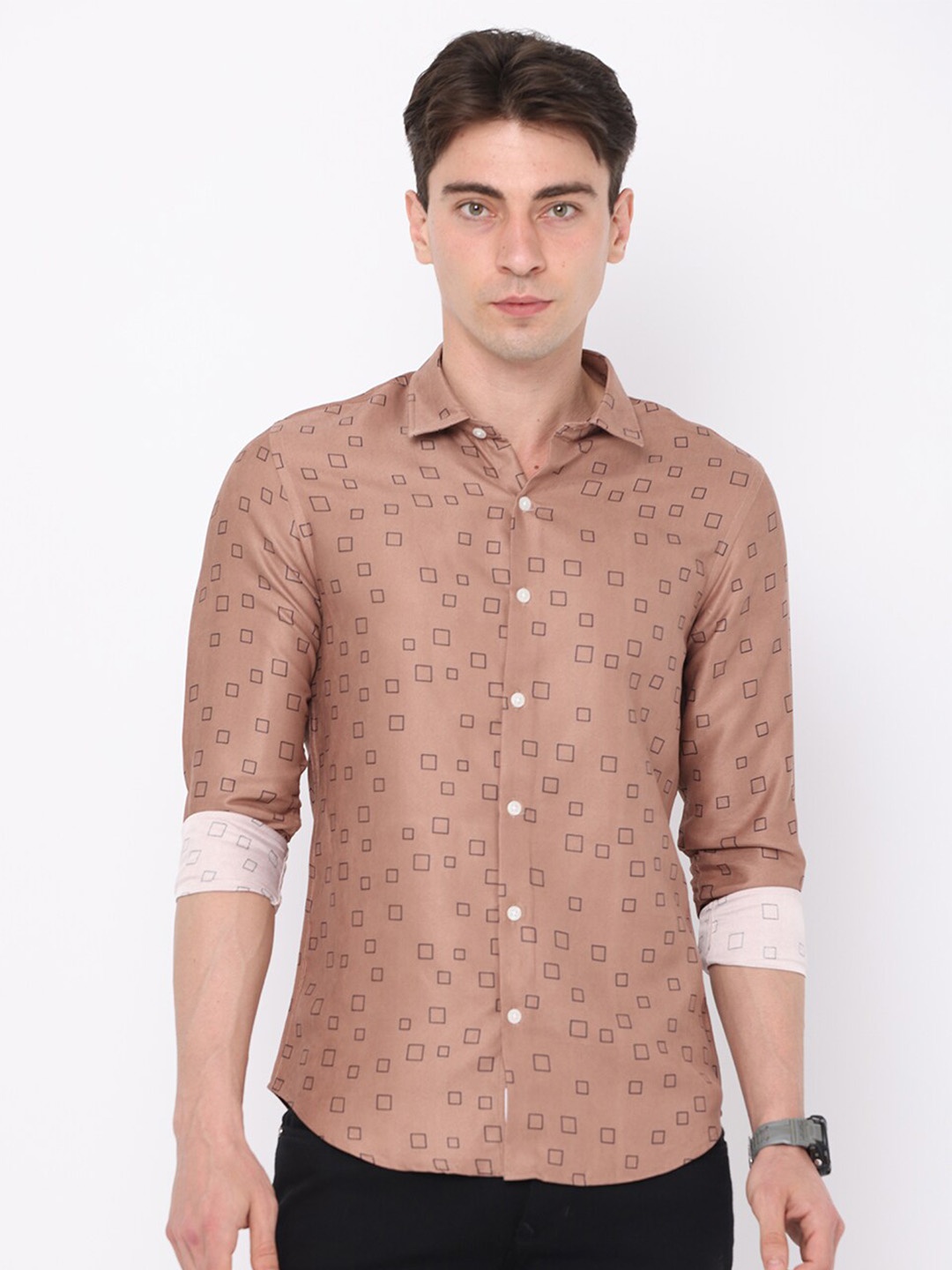 

FLY 69 Premium Slim Fit Geometric Printed Spread Collar Cotton Casual Shirt, Peach
