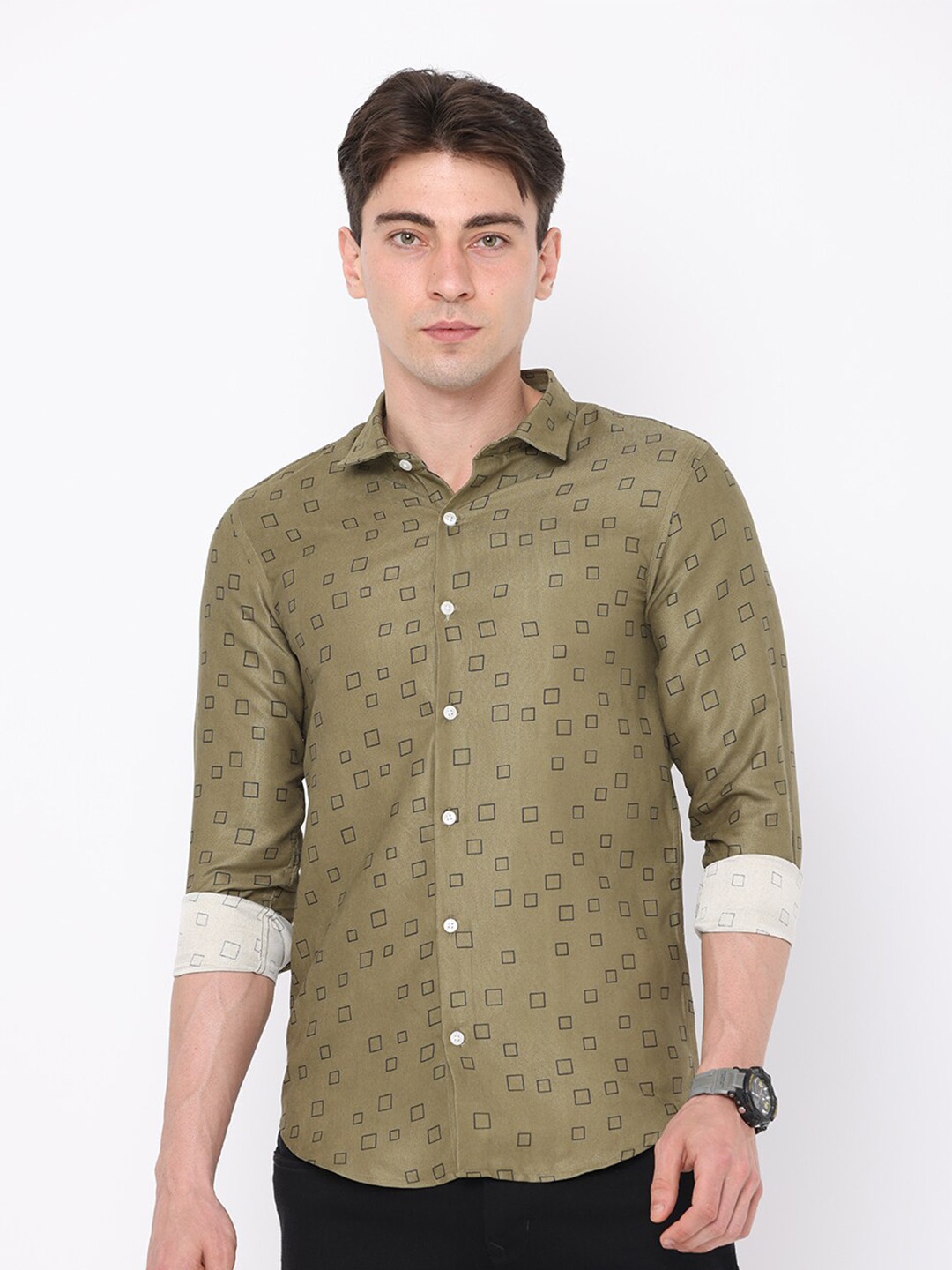 

FLY 69 Spread Collar Premium Slim Fit Geometric Printed Casual Pure Cotton Shirt, Green