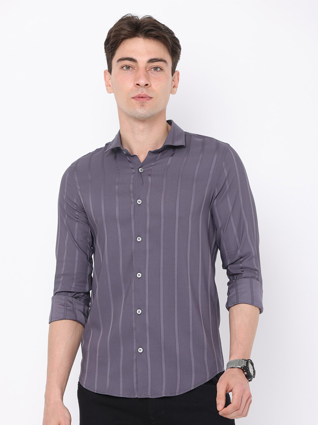 

FLY 69 Men Premium Slim Fit Striped Long Sleeves Cotton Casual Shirt, Grey