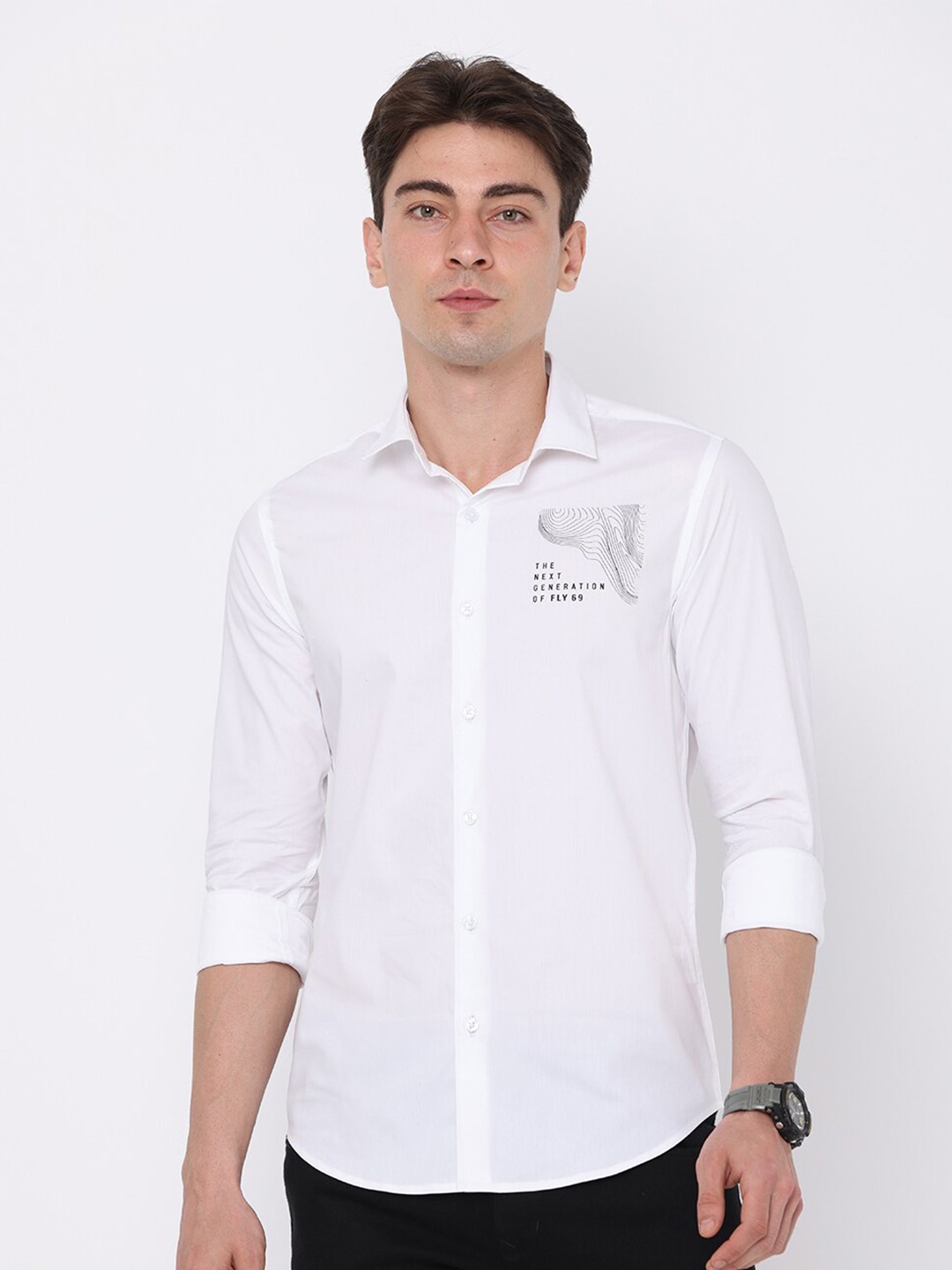 

FLY 69 Premium Slim Fit Spread Collar Pure Cotton Casual Shirt, White