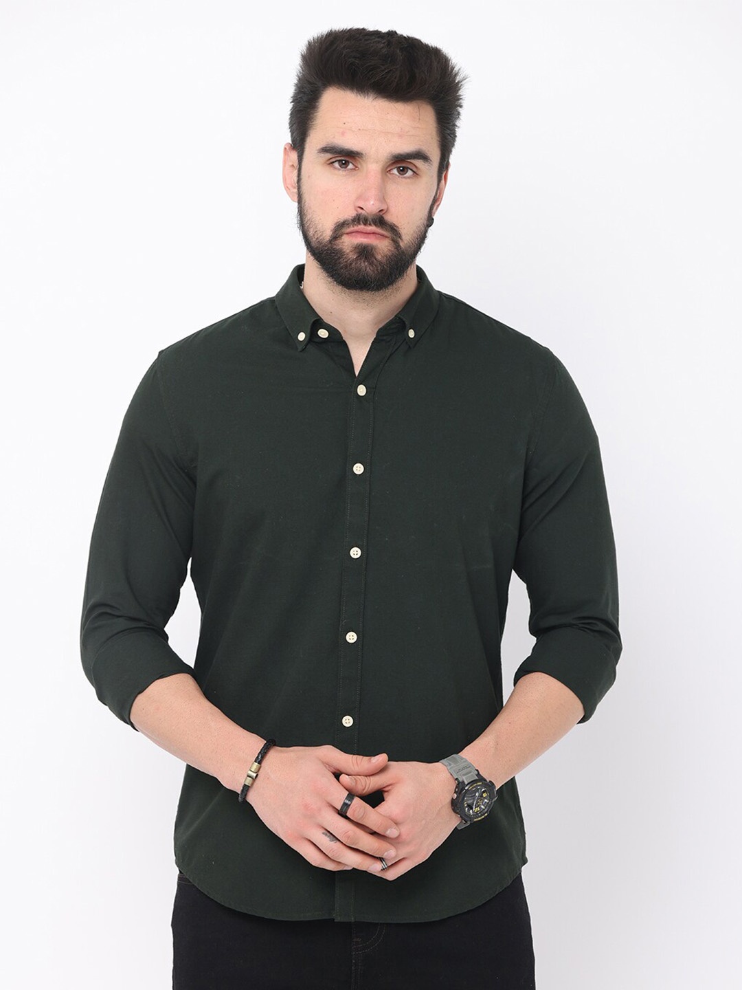 

FLY 69 Premium Slim Fit Button-Down Collar Pure Cotton Casual Shirt, Green