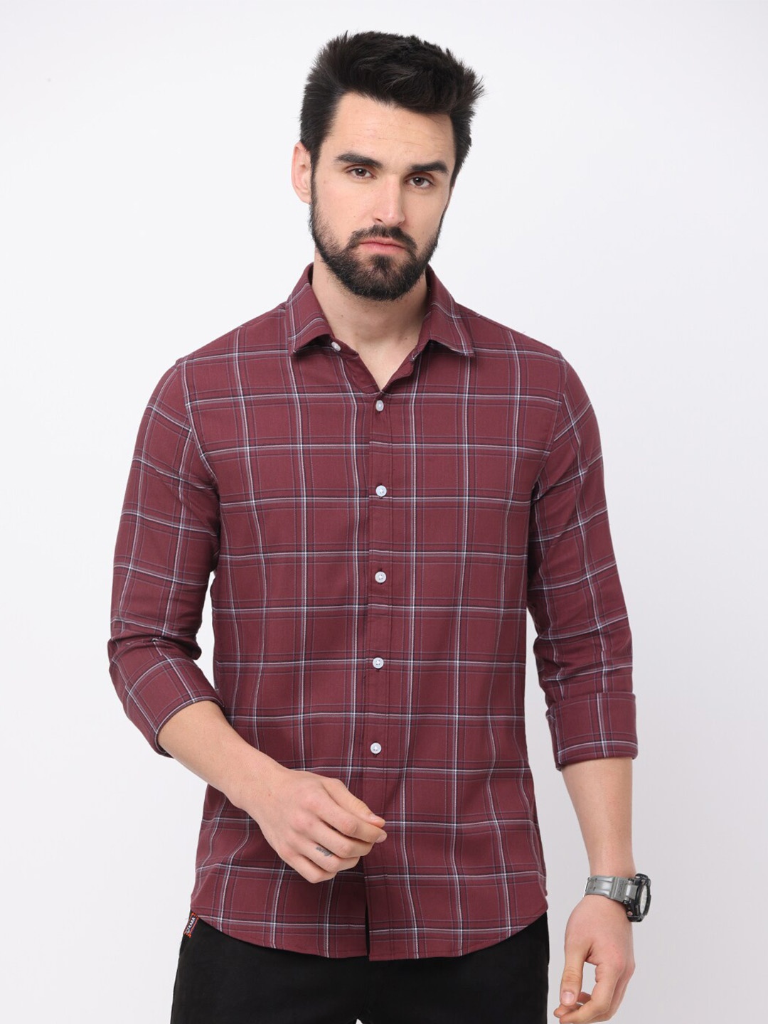 

FLY 69 Windowpane Checked Premium Slim Fit Pure Cotton Casual Shirt, Maroon