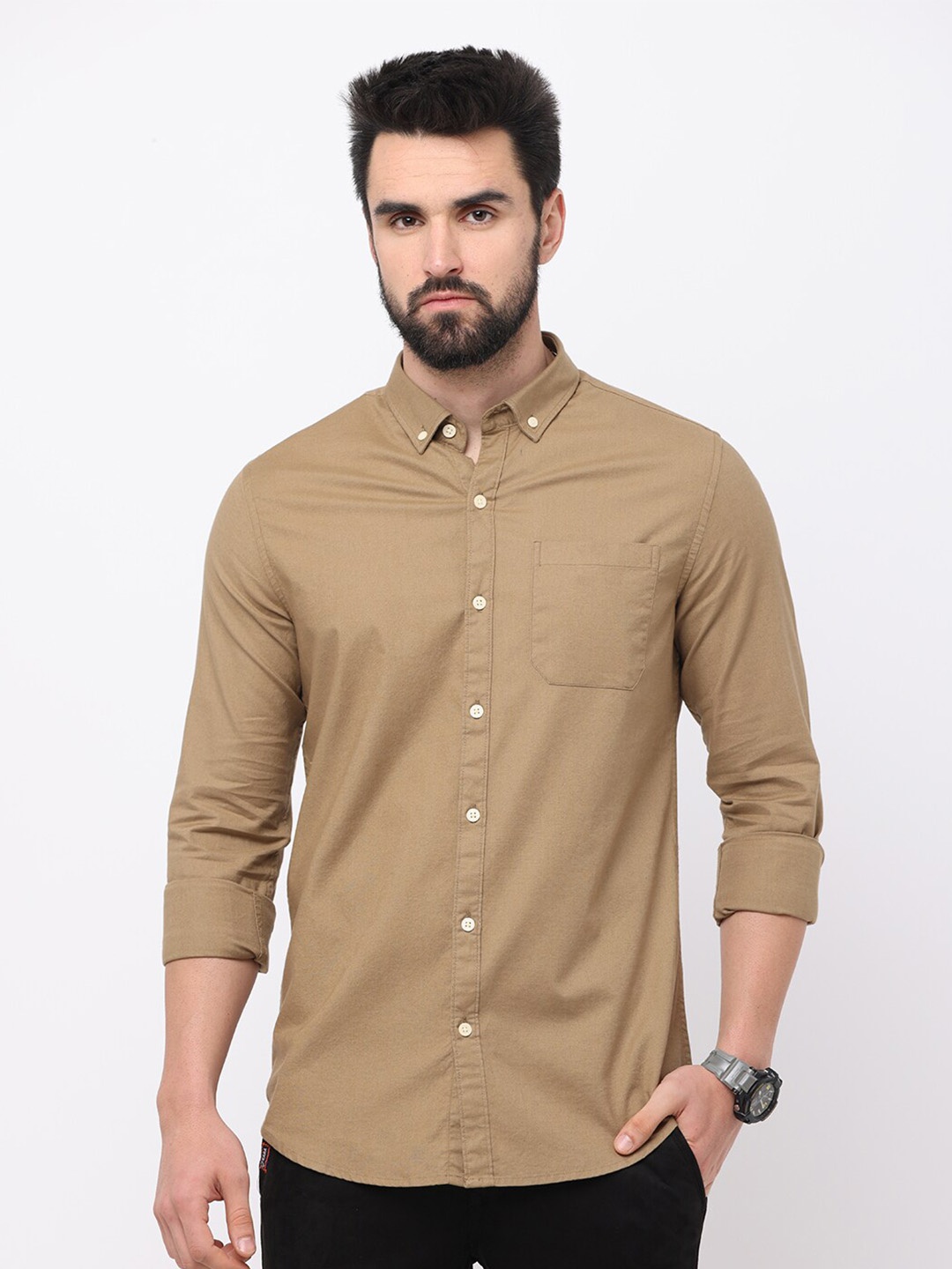 

FLY 69 Premium Slim Fit Button-Down Collar Pure Cotton Casual Shirt, Khaki