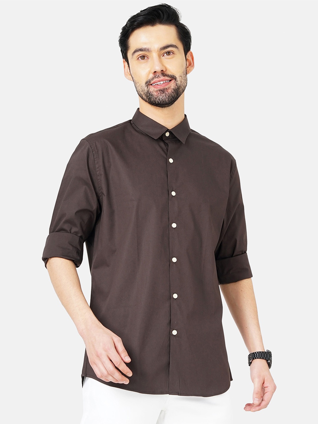 

FLY 69 Spread Collar Premium Slim Fit Pure Cotton Casual Shirt, Brown
