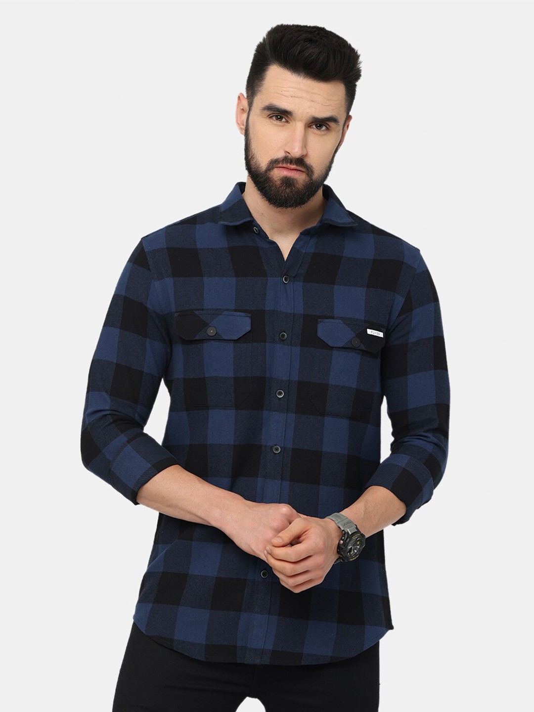 

FLY 69 Premium Slim Fit Buffalo Checked Pure Cotton Casual Shirt, Blue