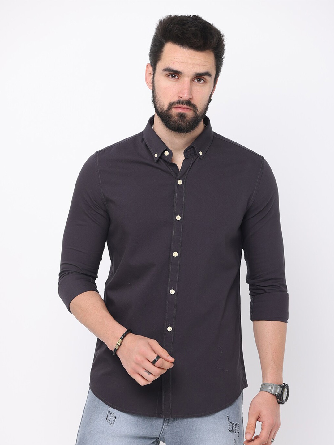 

FLY 69 Premium Slim Fit Button-Down Collar Cotton Casual Shirt, Navy blue