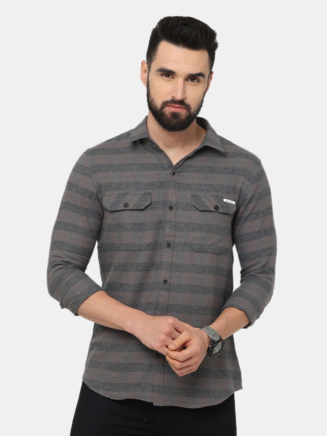

FLY 69 Premium Slim Fit Windowpane Checked Pure Cotton Casual Shirt, Grey