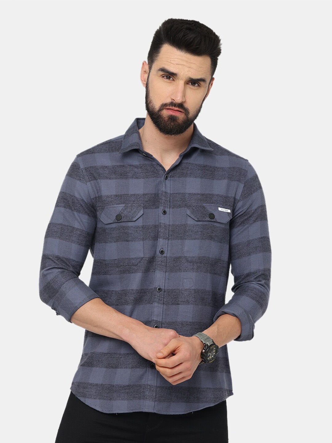 

FLY 69 Premium Slim Fit Buffalo Checks Spread Collar Cotton Casual Shirt, Grey