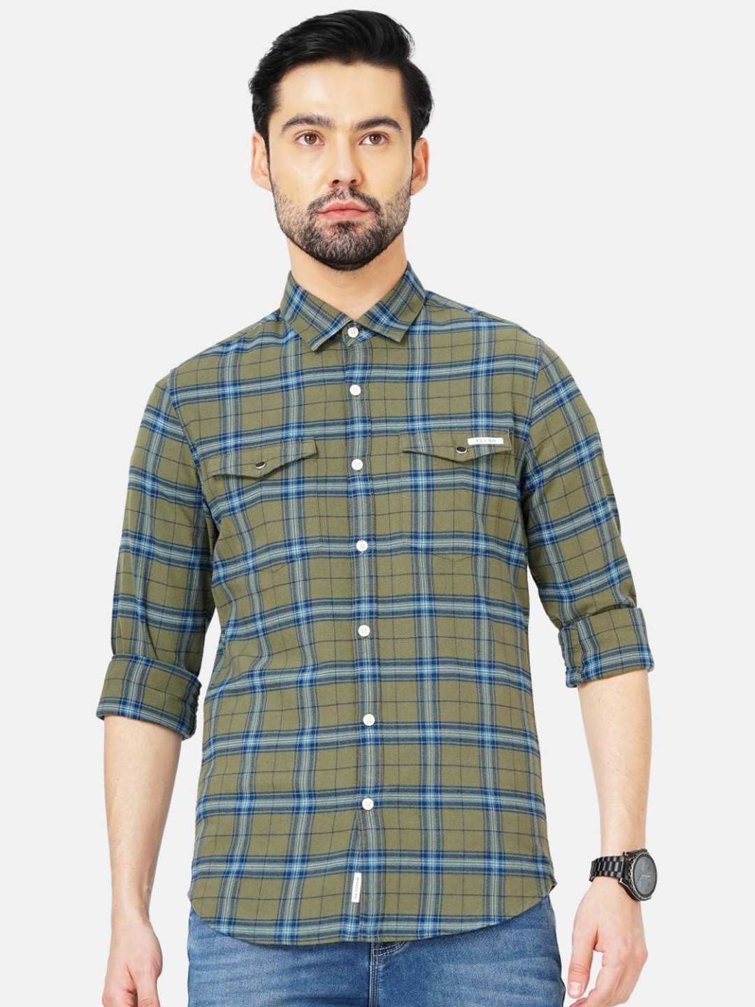 

FLY 69 Premium Tartan Checked Slim Fit Cotton Shirt, Green