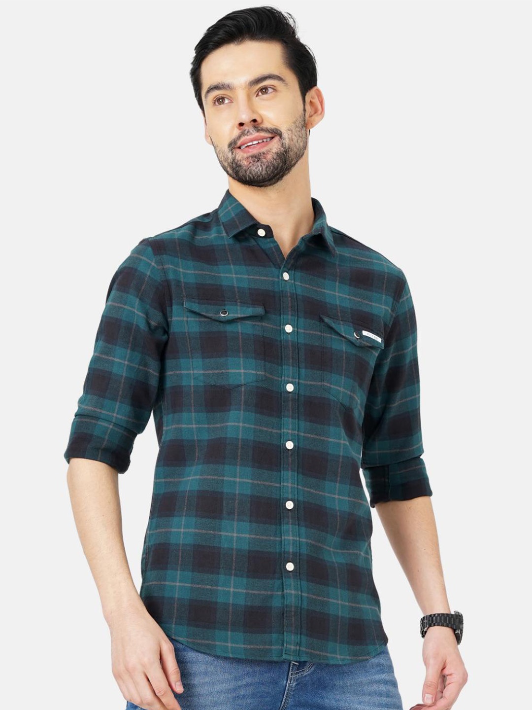 

FLY 69 Premium Slim Fit Tartan Checked Pure Cotton Casual Shirt, Green