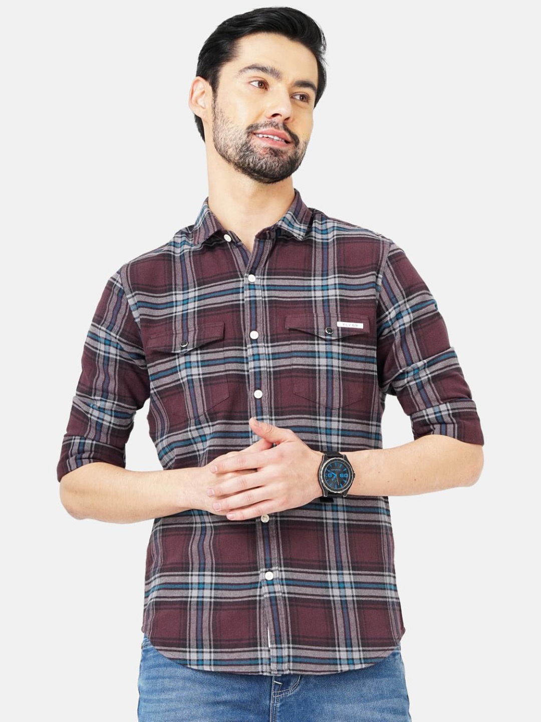 

FLY 69 Premium Slim Fit Tartan Checked Spread Collar Pure Cotton Casual Shirt, Brown