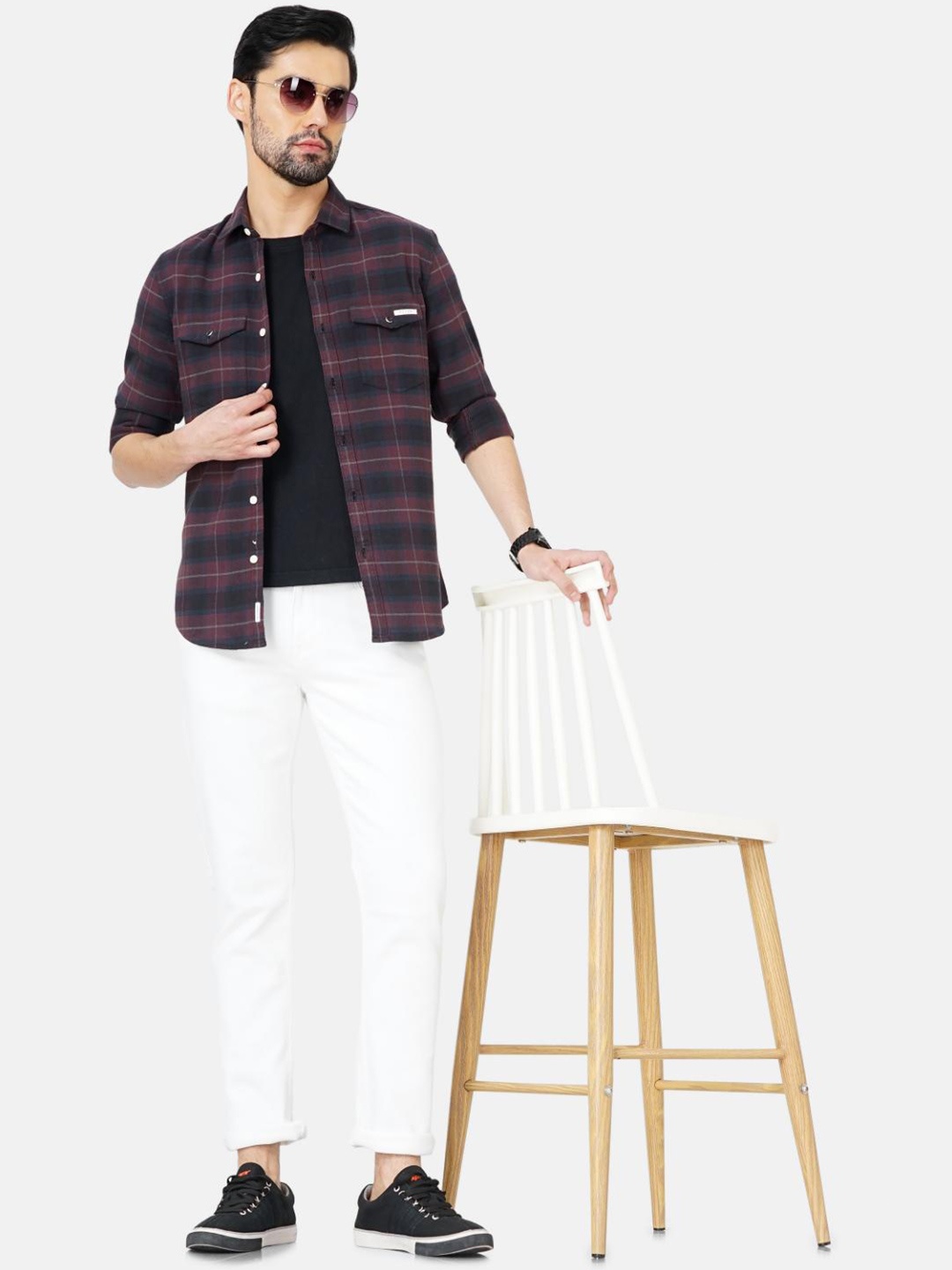 

FLY 69 Spread Collar Premium Slim Fit Checked Casual Pure Cotton Shirt, Red
