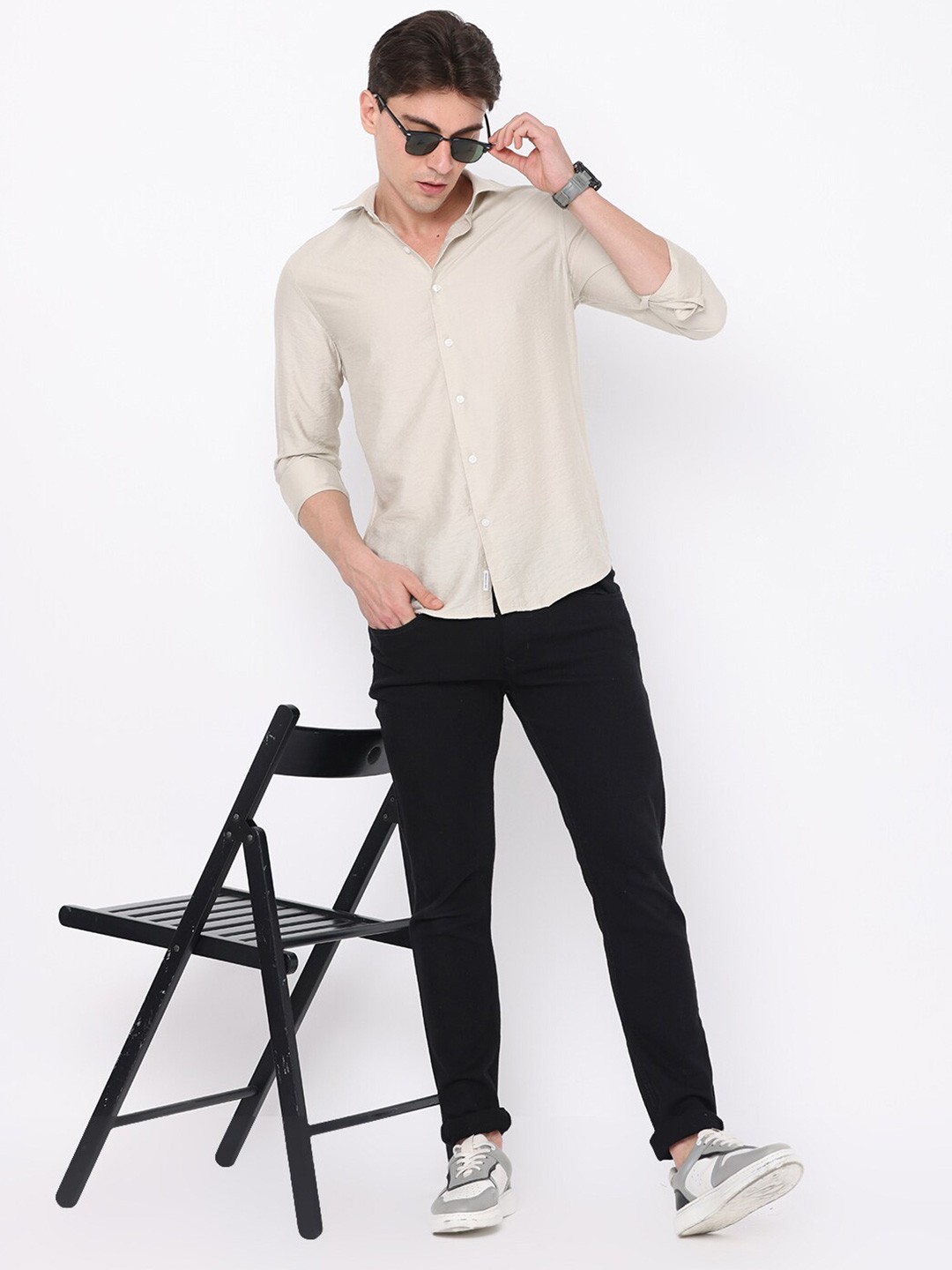 

FLY 69 Premium Spread Collar Slim Fit Cotton Shirt, Beige