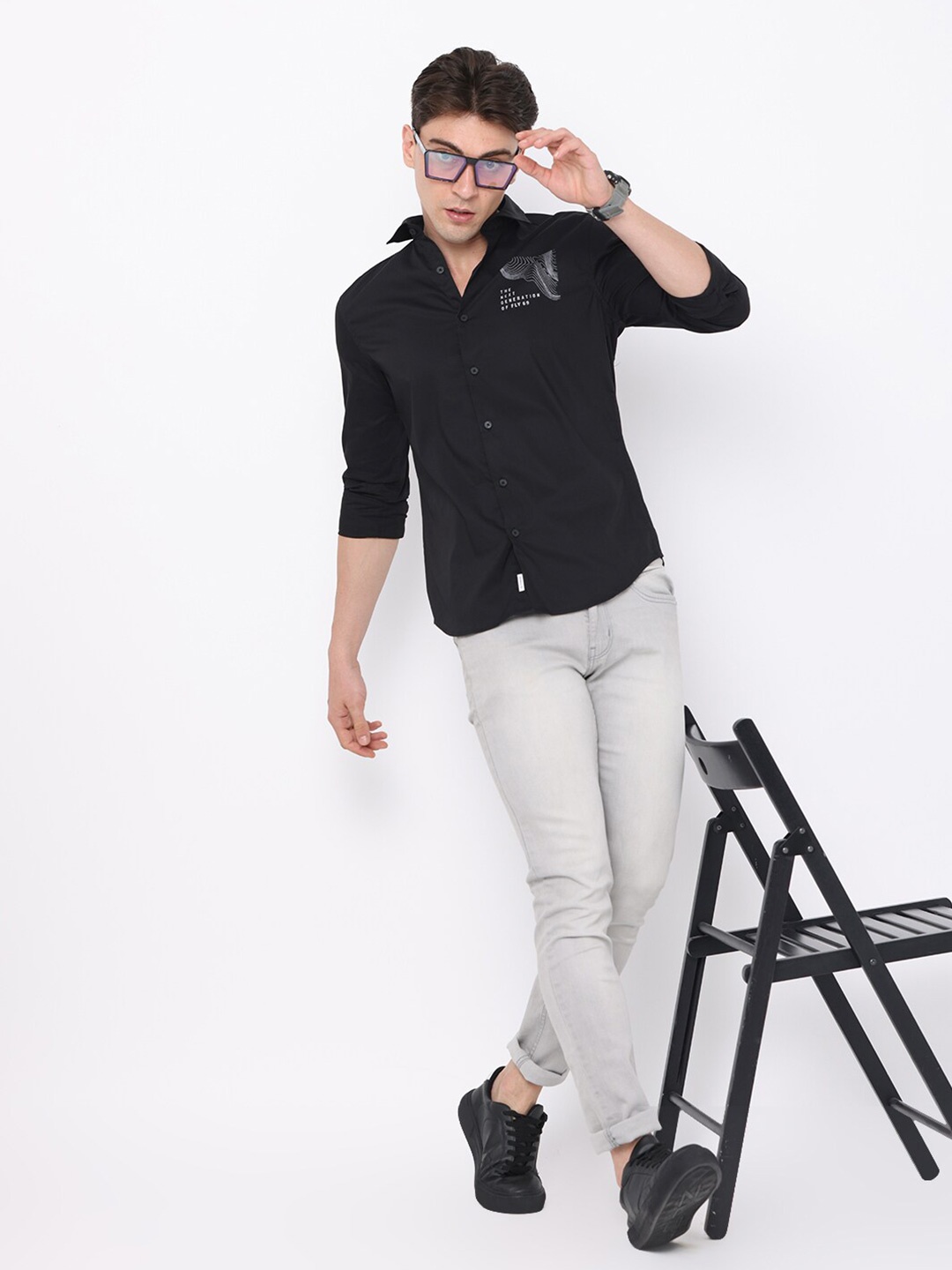 

FLY 69 Men Premium Abstract Printed Slim Fit Pure Cotton Shirt, Black