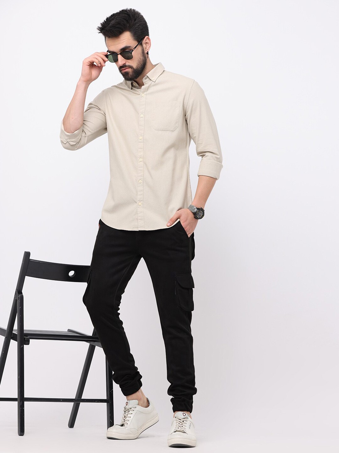 

FLY 69 Button-Down Collar Premium Slim Fit Pure Cotton Casual Shirt, Cream