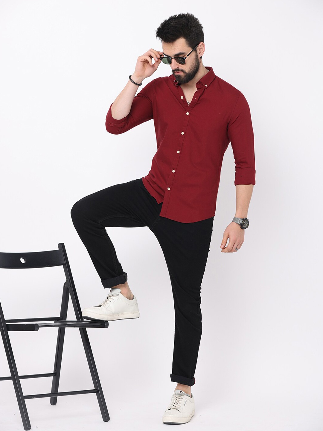 

FLY 69 Button-Down Collar Premium Slim Fit Casual Pure Cotton Shirt, Red