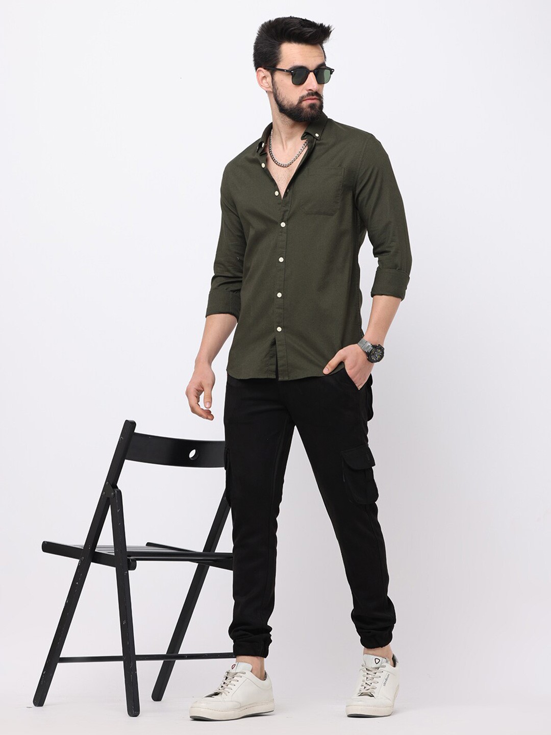 

FLY 69 Premium Slim Fit Spread Collar Pure Cotton Casual Shirt, Green