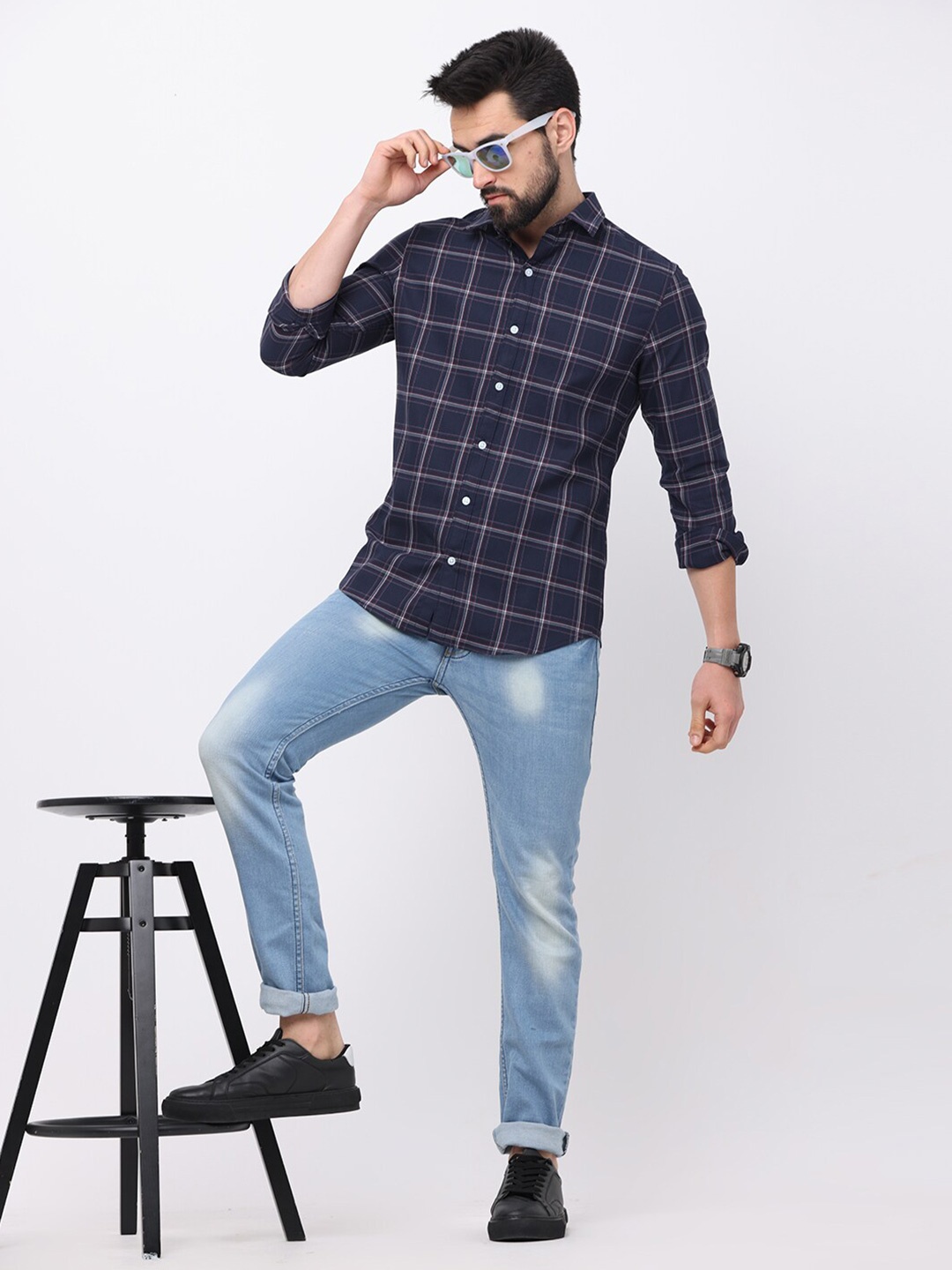 

FLY 69 Premium Slim Fit Windowpane Checks Pure Cotton Casual Shirt, Navy blue
