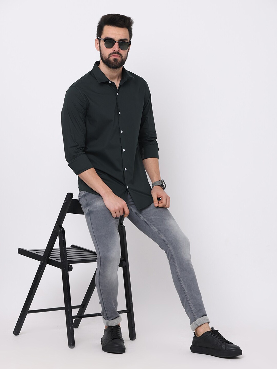 

FLY 69 Premium Slim Fit Spread Collar Long Sleeves Cotton Casual Shirt, Olive
