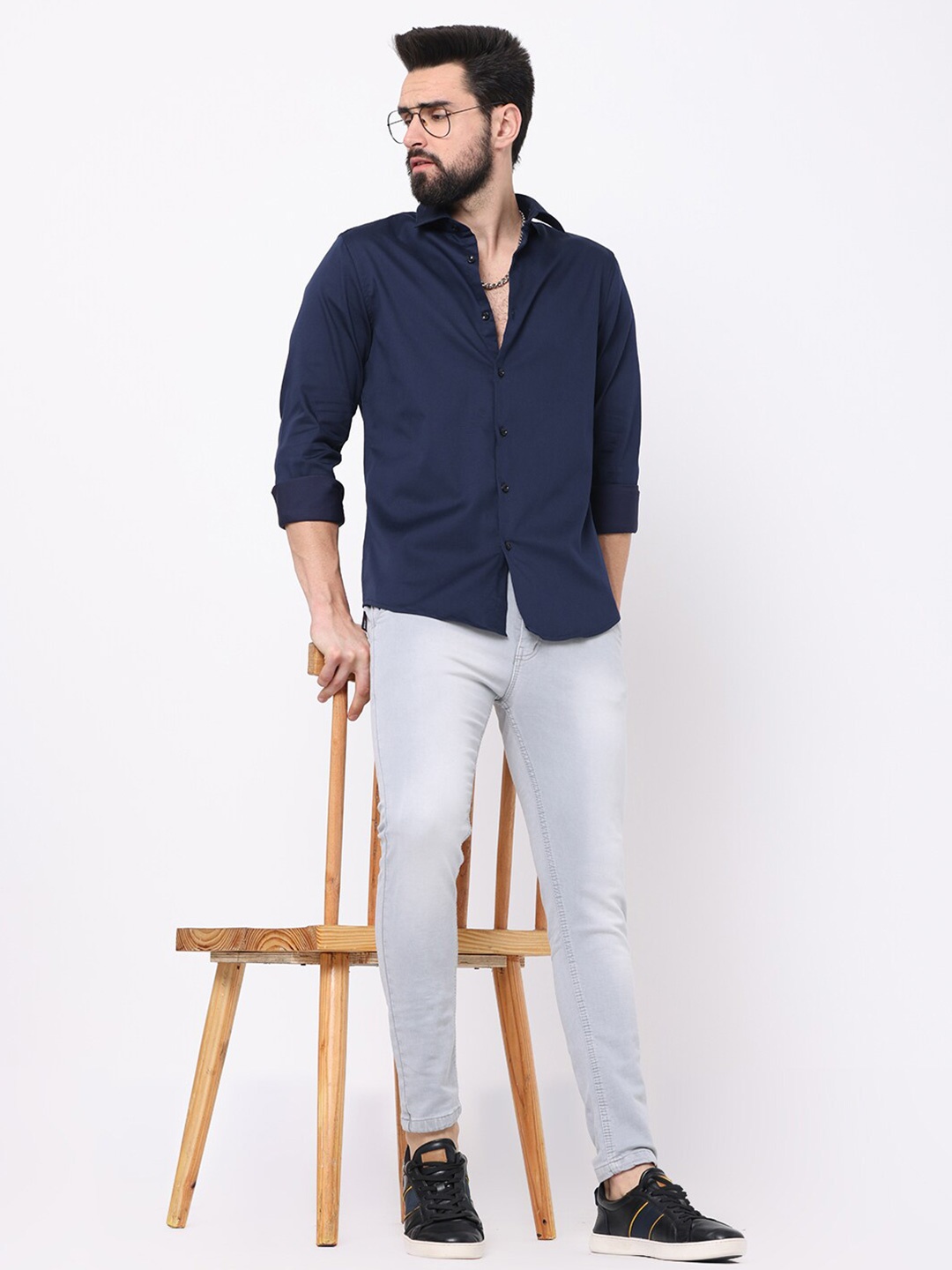 

FLY 69 Premium Slim Fit Spread Collar Cotton Casual Shirt, Navy blue