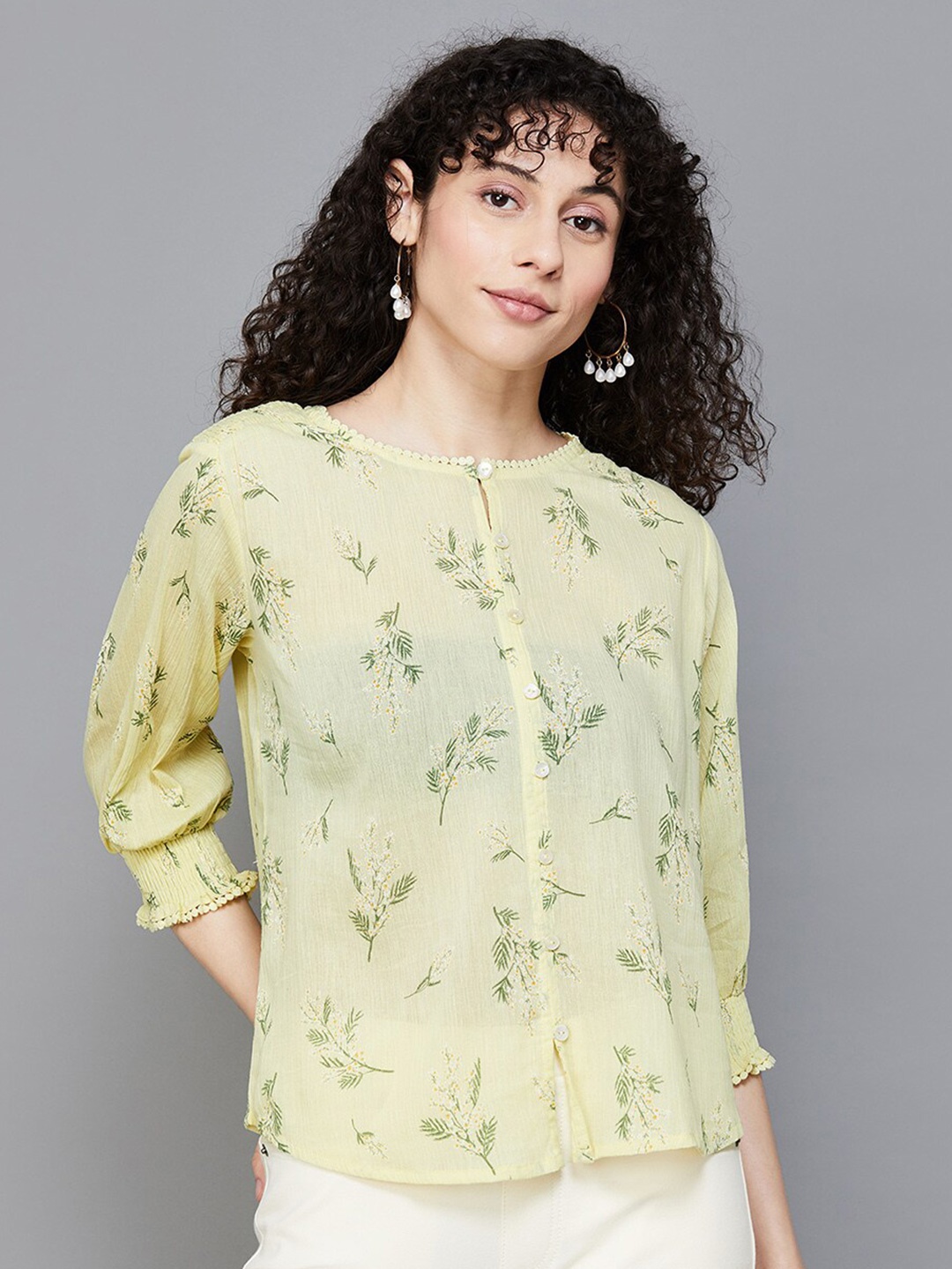 

Colour Me by Melange Floral Printed Keyhole Neck Cotton Top, Yellow