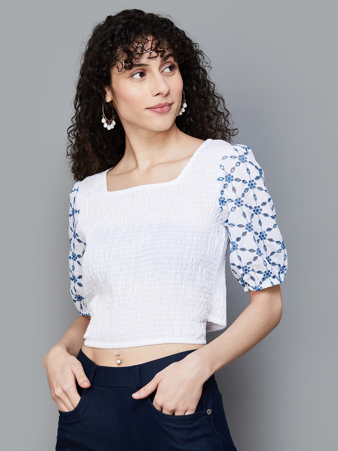 

Colour Me by Melange Self Design Smoked Puff Sleeve Cotton Crop Top, Off white