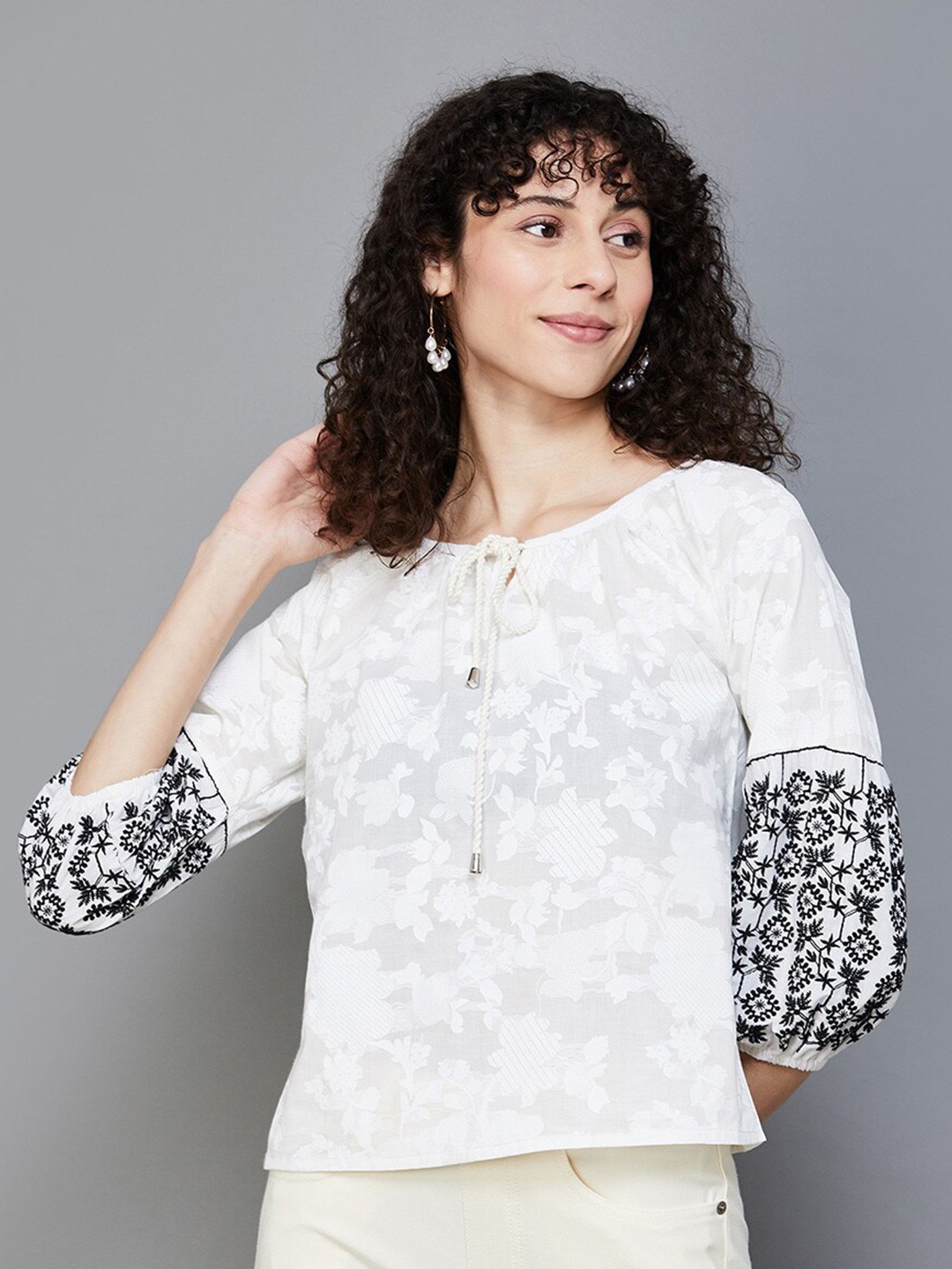 

Colour Me by Melange Floral Self Design Tie-Up Neck Cotton Top, White