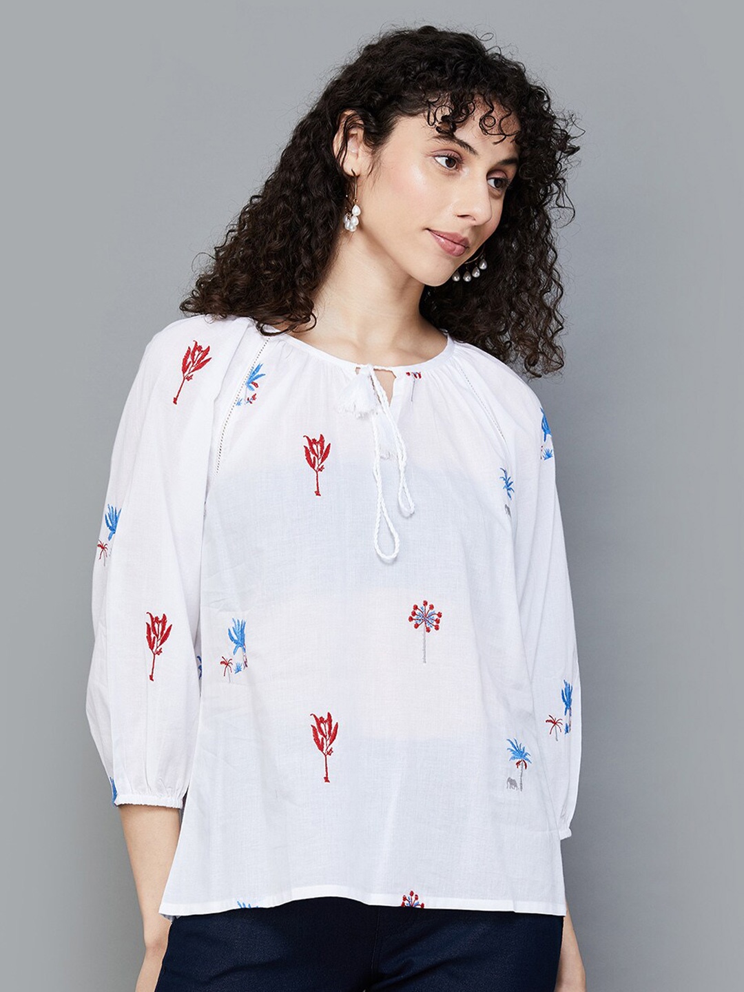 

Colour Me by Melange Floral Embroidered Tie-Up Neck Cotton Top, White