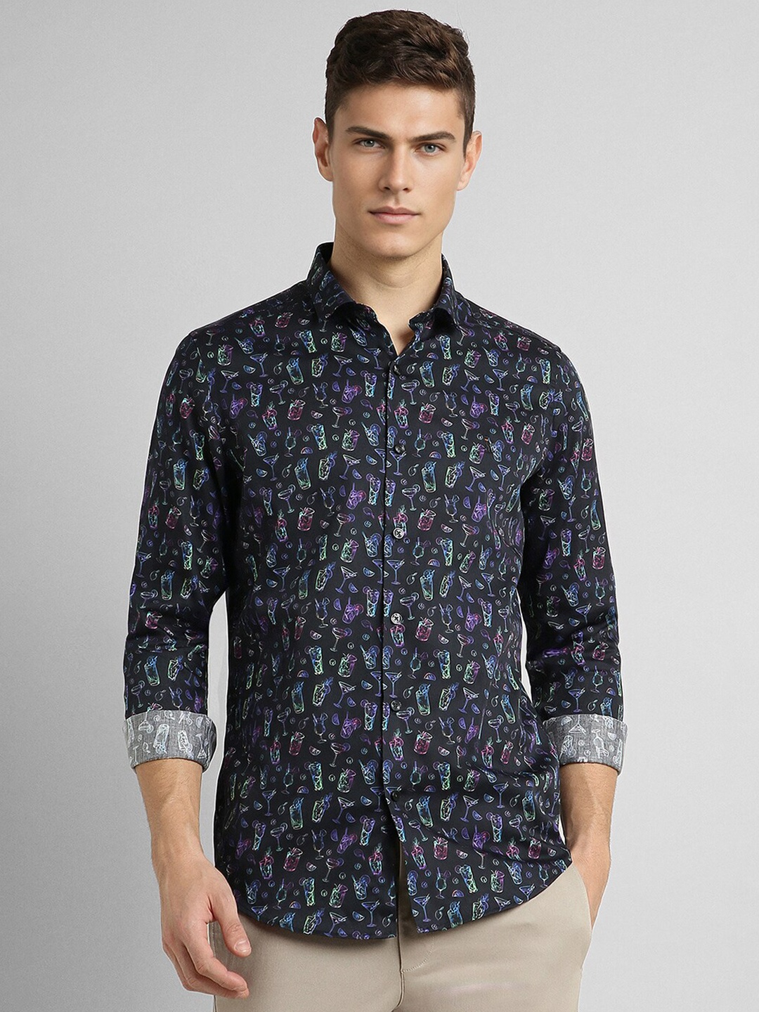 

SIMON CARTER LONDON Slim Fit Conversational Printed Long Sleeves Cotton Casual Shirt, Black