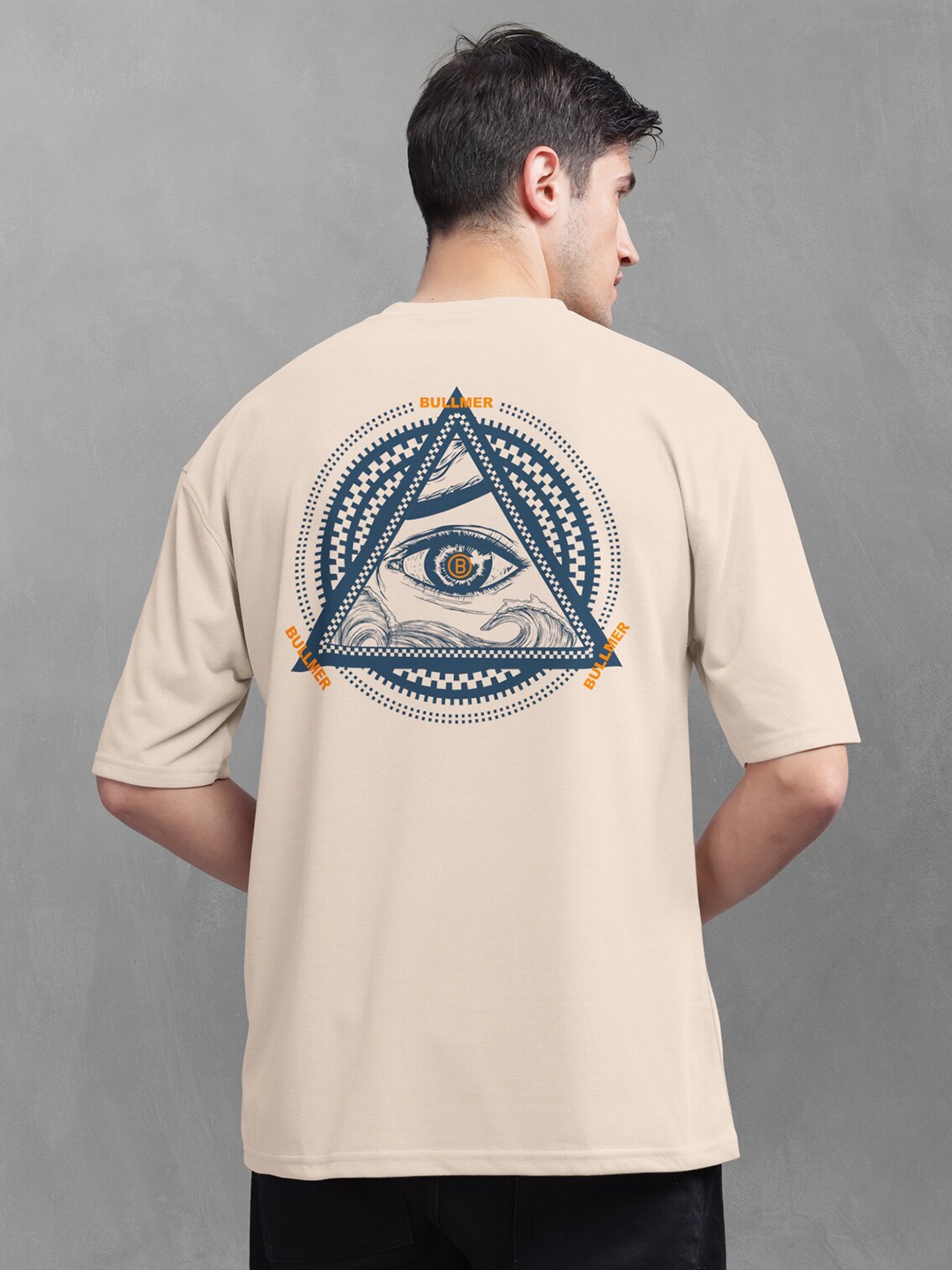 BULLMER Graphic Printed Oversized Cotton T-shirt, Beige