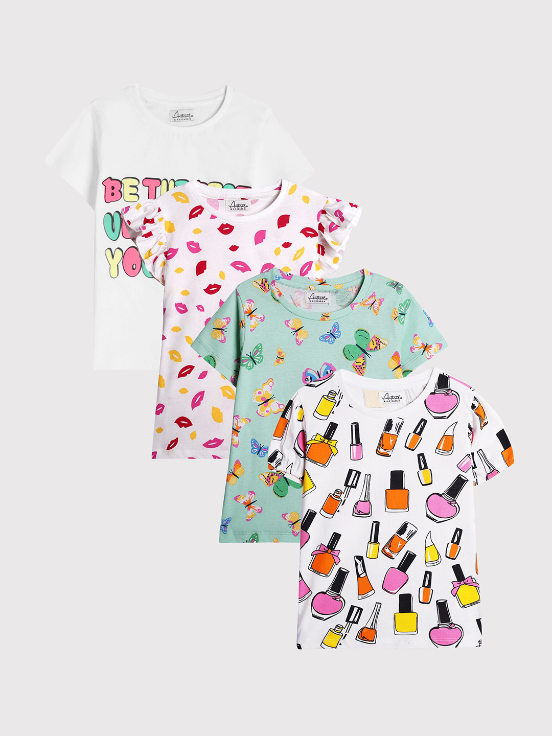 

Anthrilo Girls Pack of 4 Printed Round Neck Short Sleeves Cotton Regular T-shirt, White