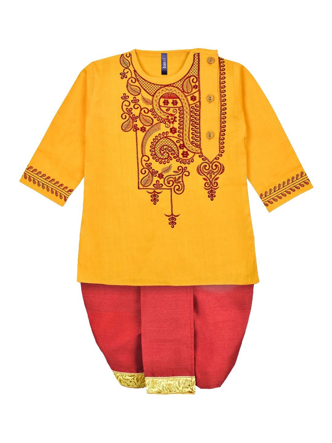 

BAESD Boys Paisley Embroidered Pure Cotton Straight Kurta With Dhoti Pant, Yellow