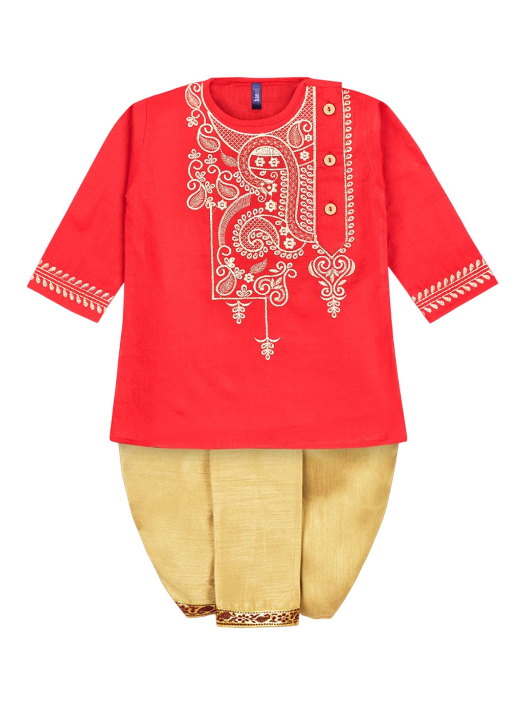

BAESD Boys Ethnic Motifs Embroidered Round Neck Pure Cotton Kurta with Dhoti, Red