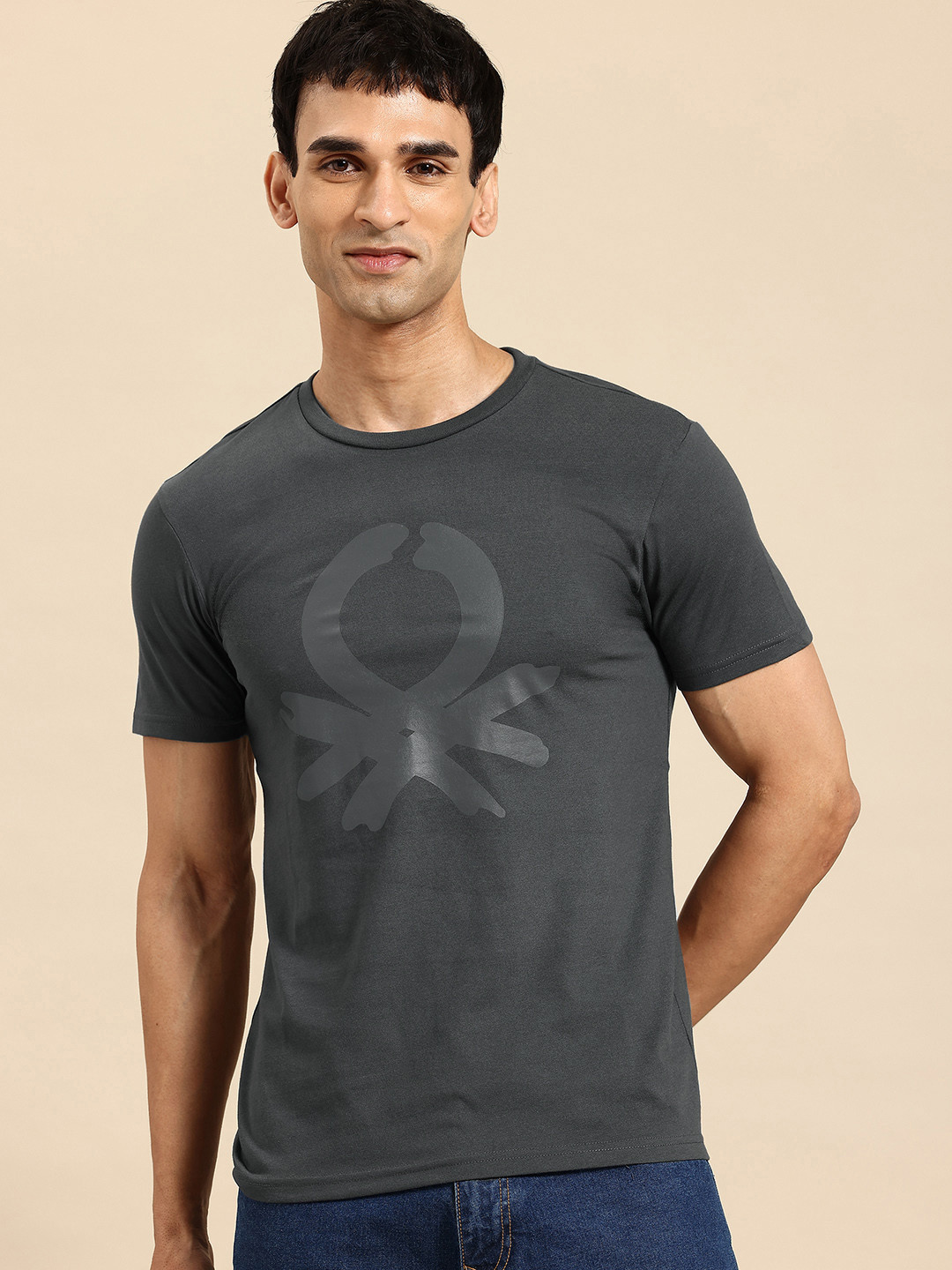 

United Colors of Benetton Brand Logo Printed Regular Fit T-shirt, Grey