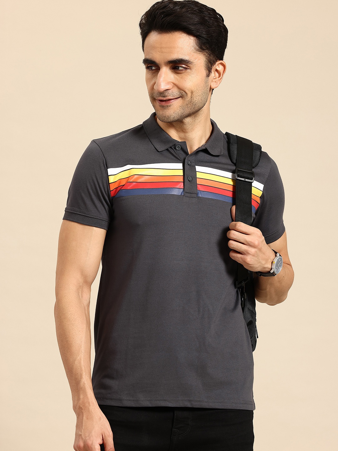 

United Colors of Benetton High IQ Striped Polo Collar T-shirt, Charcoal