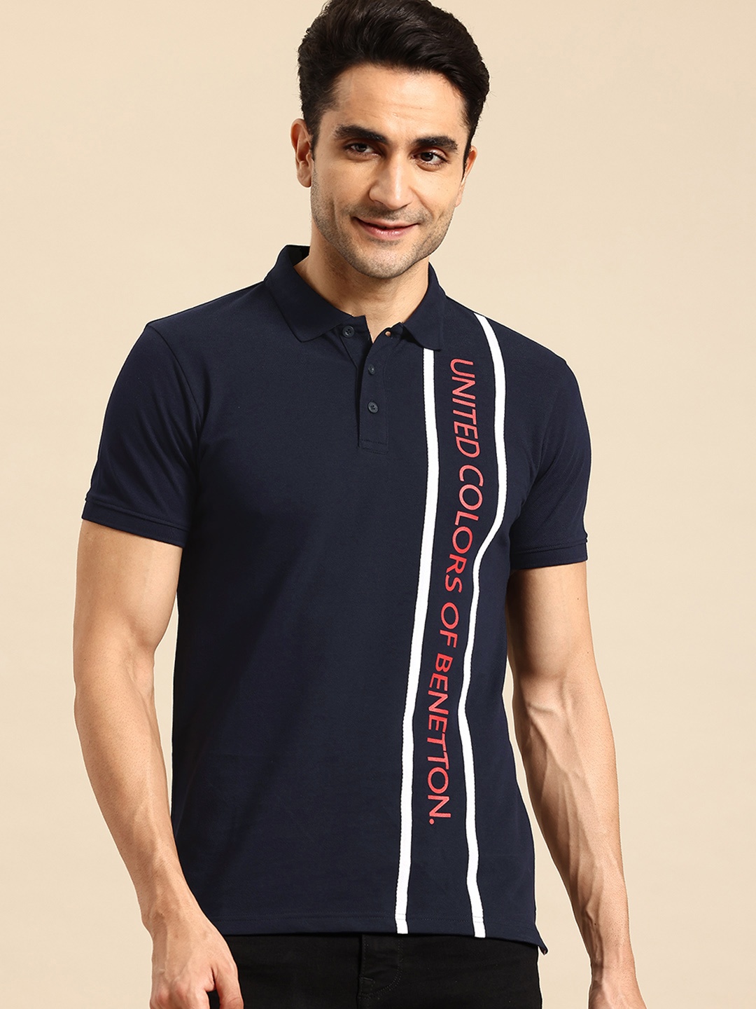 

United Colors of Benetton Brand Logo Printed Polo Collar T-shirt, Navy blue