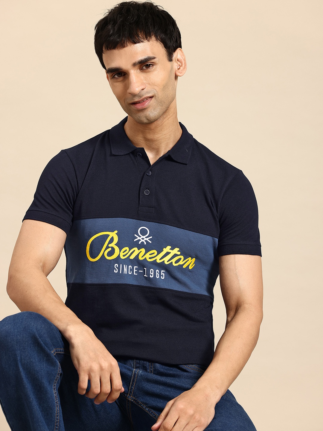 

United Colors of Benetton Brand Logo Printed Polo Collar T-shirt, Navy blue