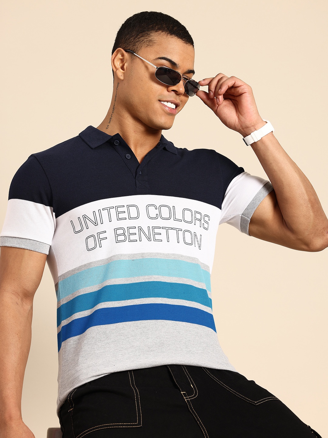 

United Colors of Benetton Men Striped Polo Collar T-shirt, Navy blue