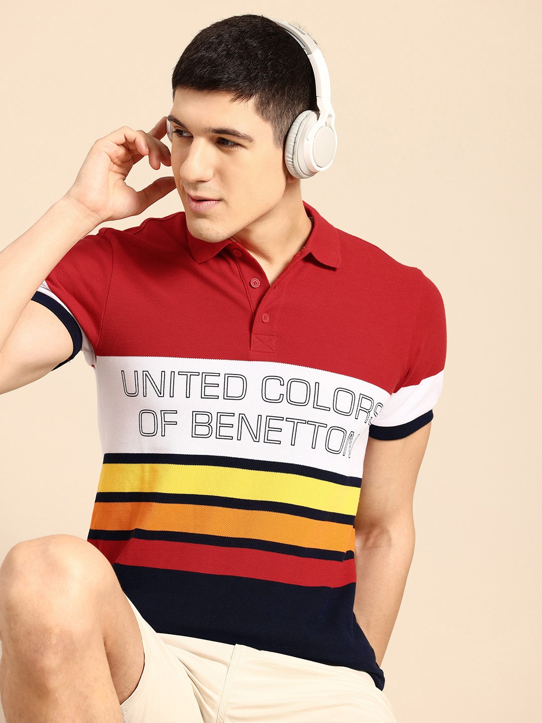 

United Colors of Benetton Men Striped Polo Collar T-shirt, Red