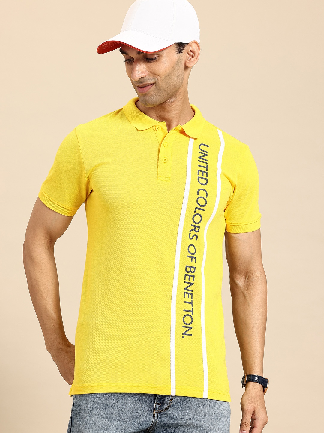 United Colors of Benetton High IQ Printed Polo Collar T-shirt, Yellow