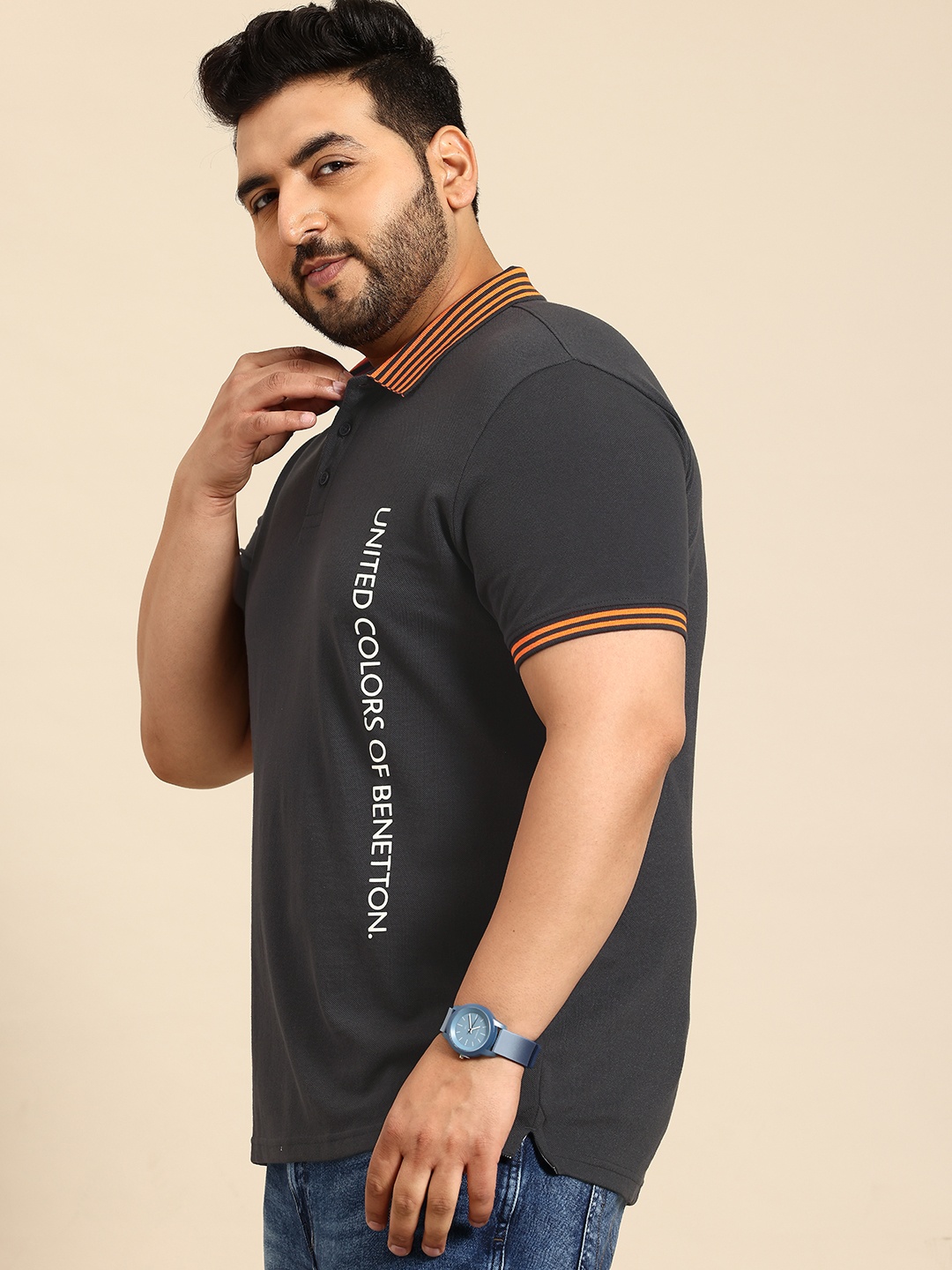 

United Colors of Benetton Men Brand Logo Printed Polo Collar T-shirt, Charcoal