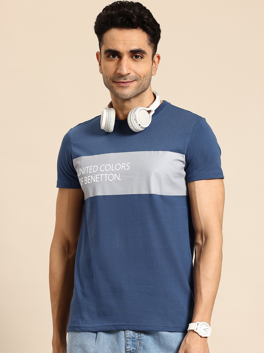 

United Colors of Benetton Brand Logo Printed Round Neck Striped T-shirt, Blue