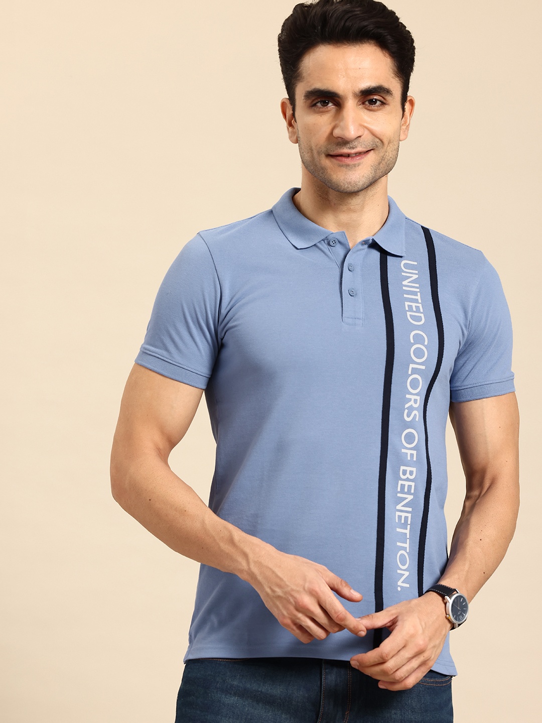 

United Colors of Benetton Brand Logo Printed Polo Collar T-shirt, Blue