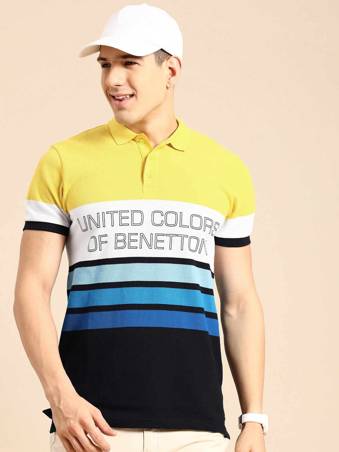 

United Colors of Benetton Men Striped Polo Collar T-shirt, Yellow