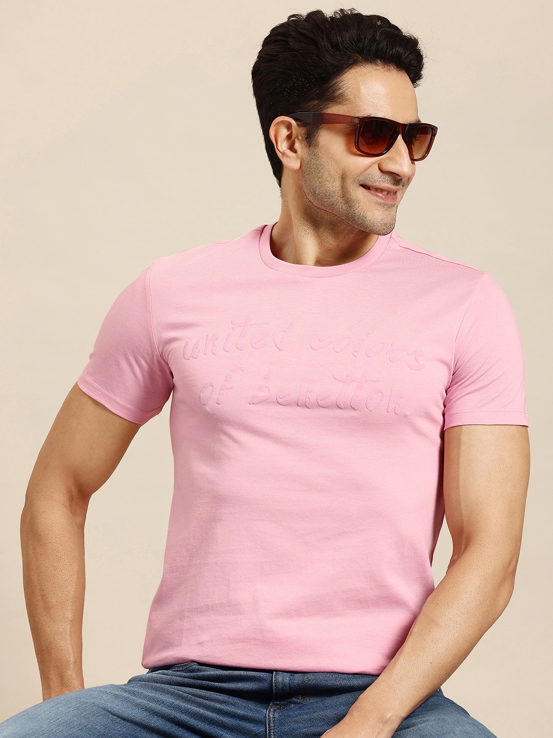 

United Colors of Benetton Men Brand Logo Printed T-shirt, Pink