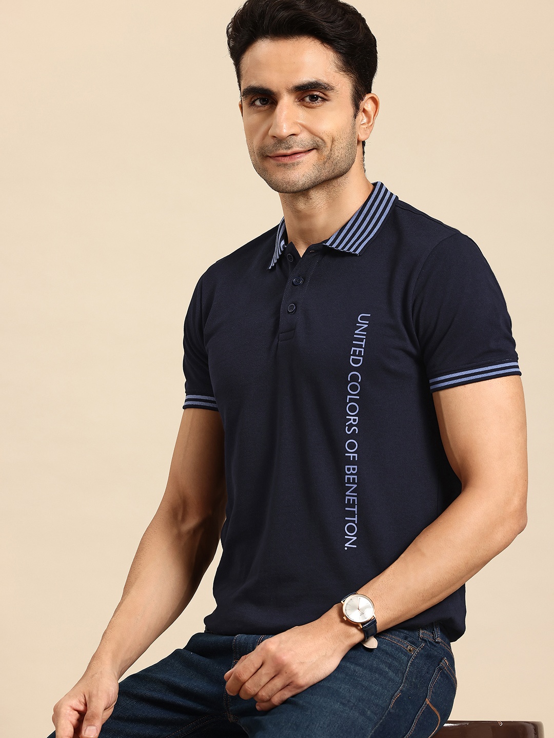 

United Colors of Benetton Brand Logo Printed Polo Collar T-shirt, Navy blue