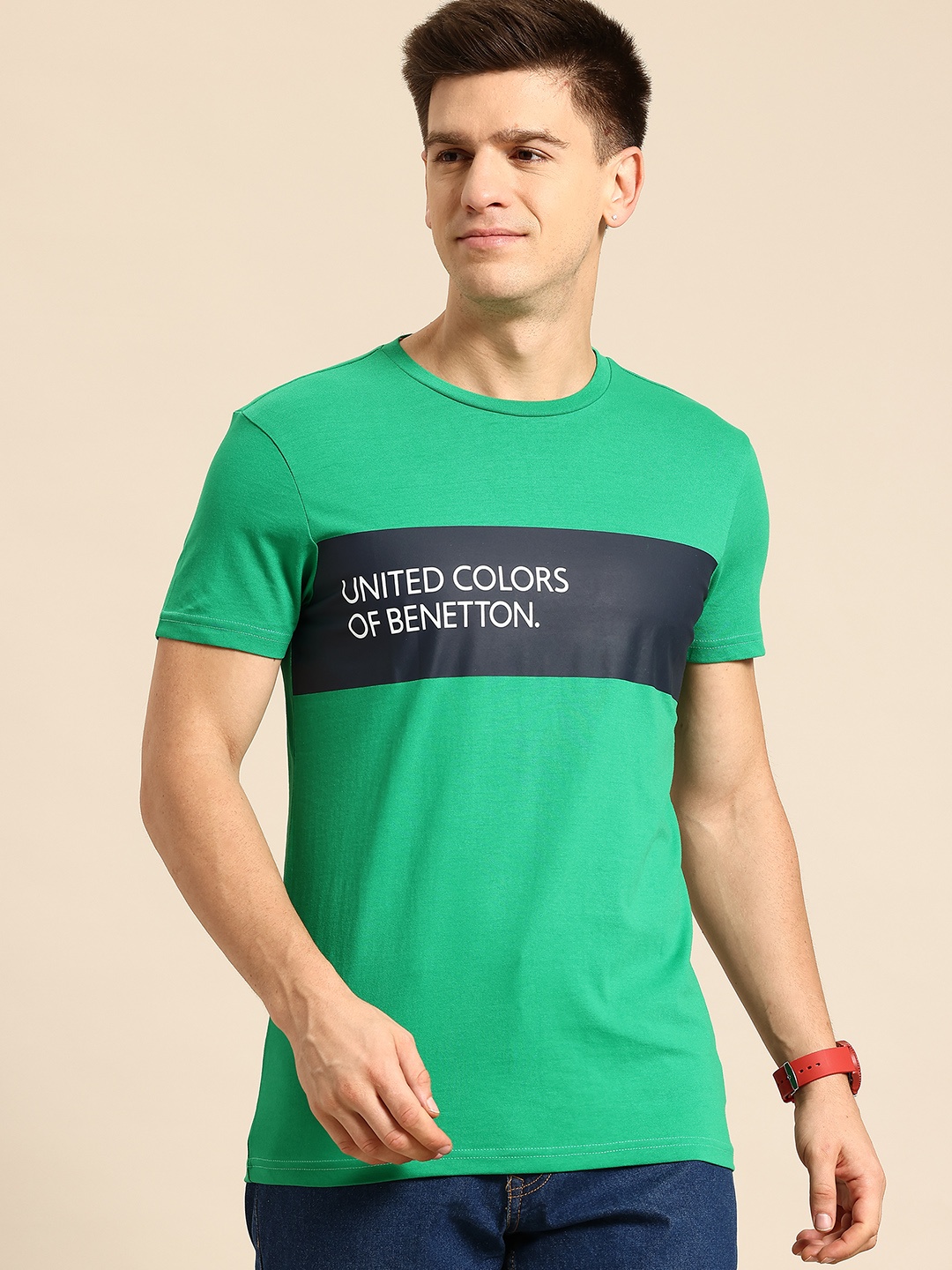 

United Colors of Benetton Brand Logo Printed Striped T-shirt, Green