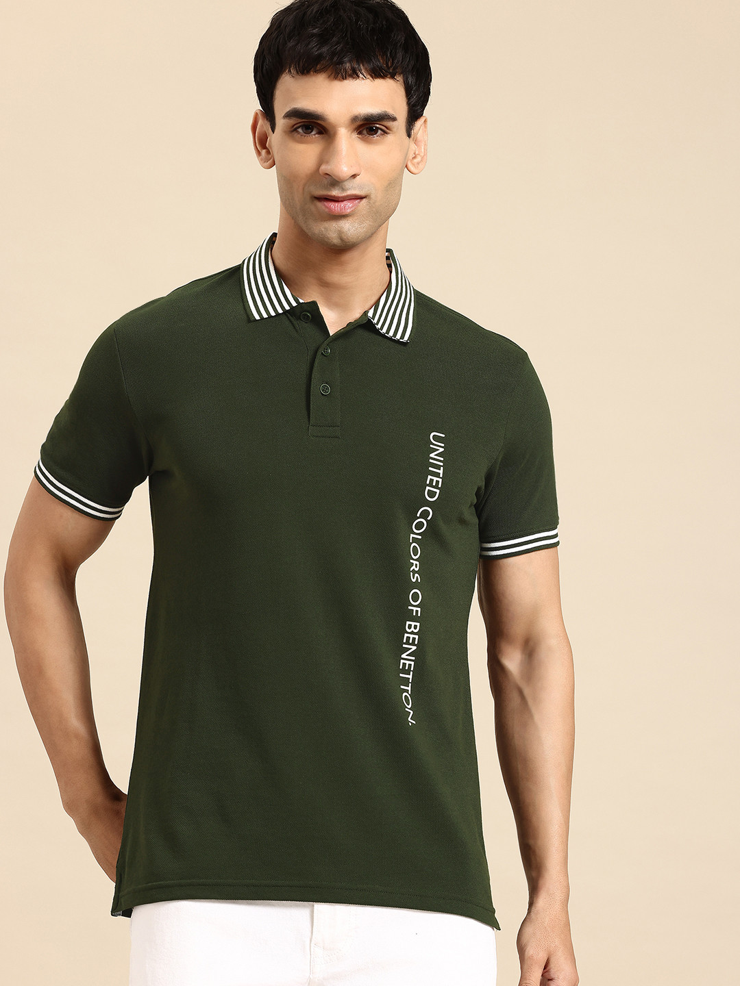 

United Colors of Benetton Men Brand Logo Printed Polo Collar T-shirt, Green