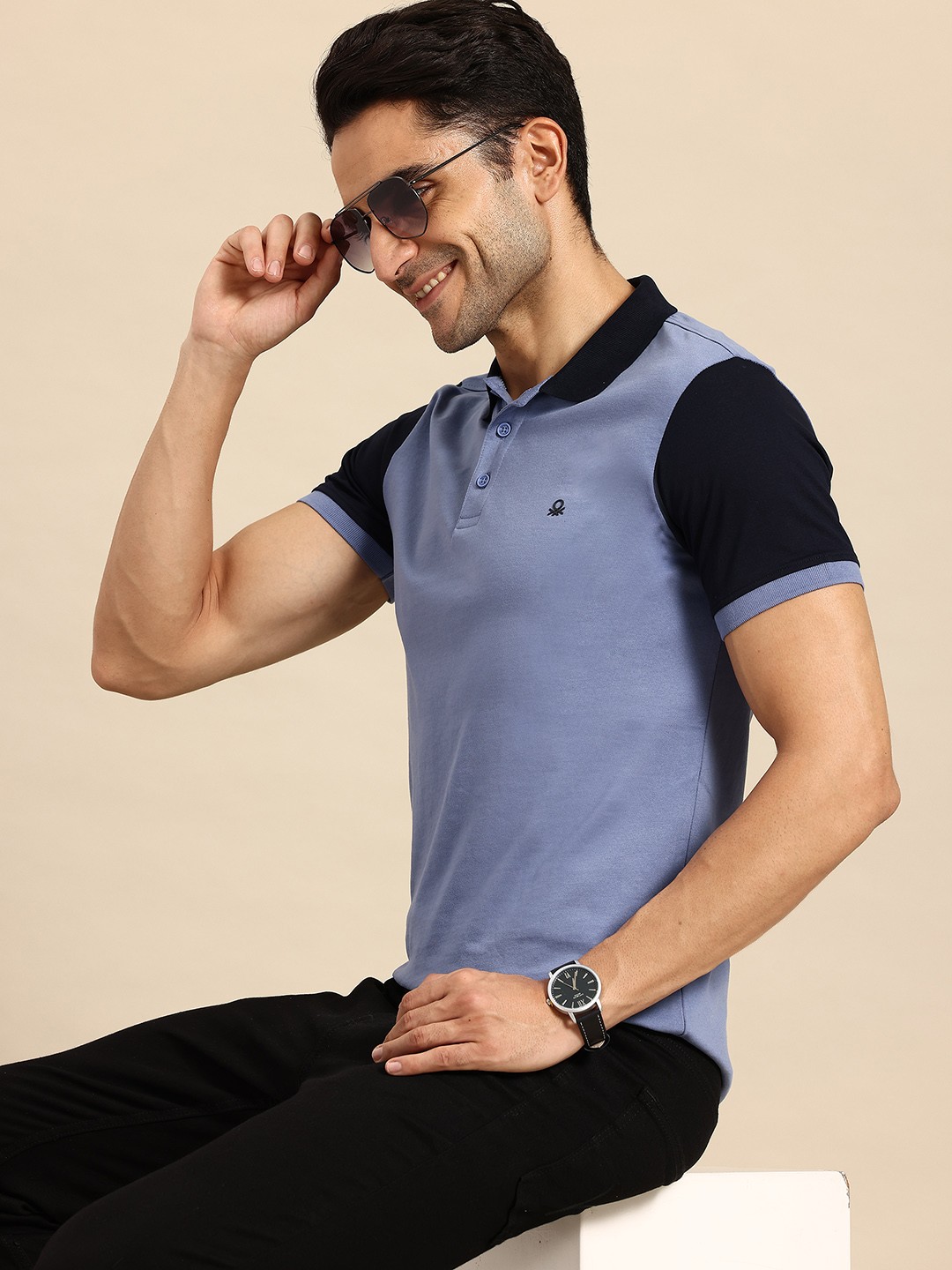 

United Colors of Benetton Men Contrast Polo Collar T-shirt, Blue