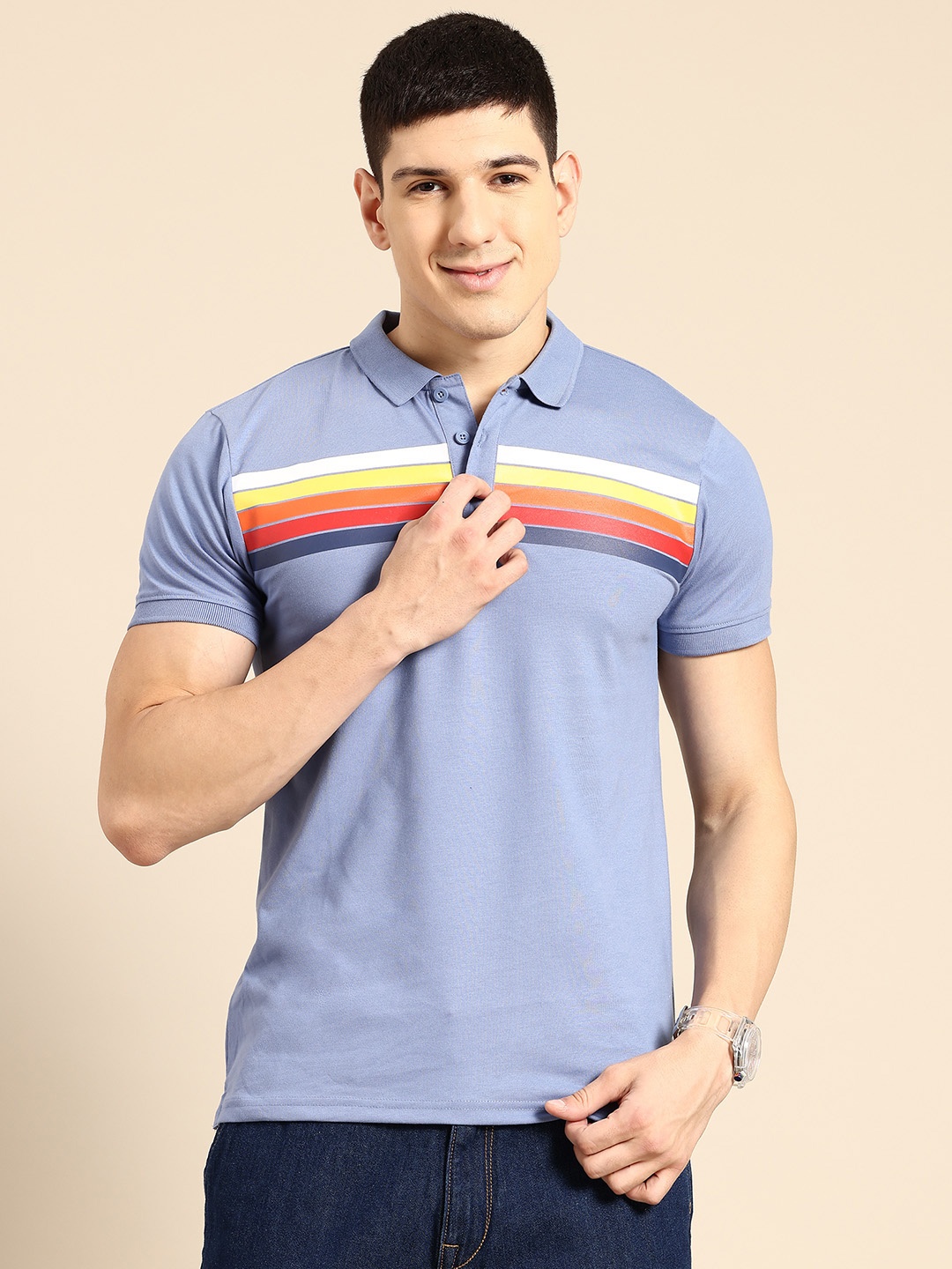 

United Colors of Benetton Men Stripe Detail Polo Collar T-shirt, Blue